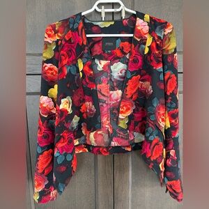 Guess Asymmetrical Floral Cropped Blazer Rose Print Size Small